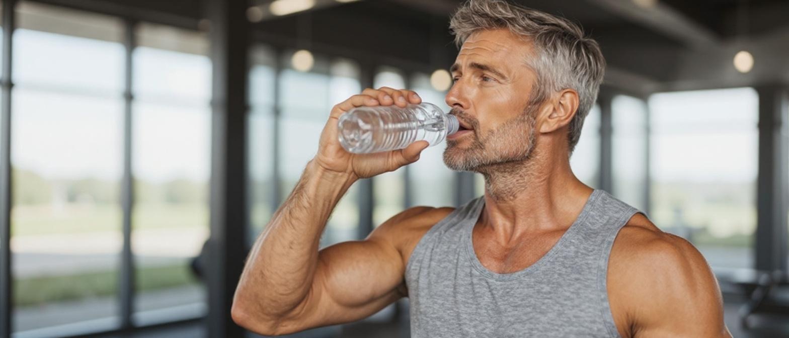 Athletic silver fox staying hydrated post-workout