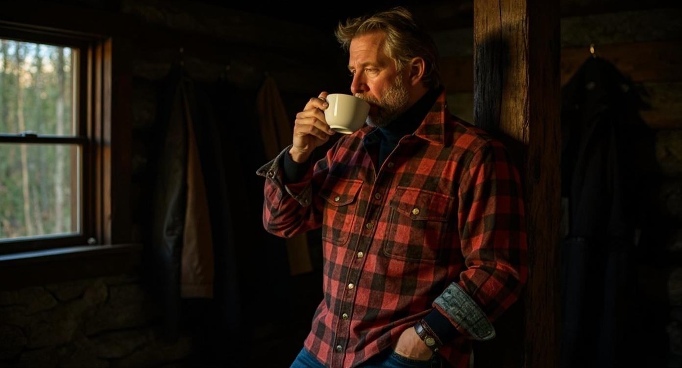 Distinguished silver fox in rustic cabin, contemplative